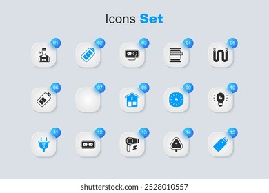 Definir alta tensão, fita adesiva do rolo, carga da bateria, plugue elétrico, ideia de luz de lâmpada criativa, Eletricista e ícone de casa inteligente. Vetor