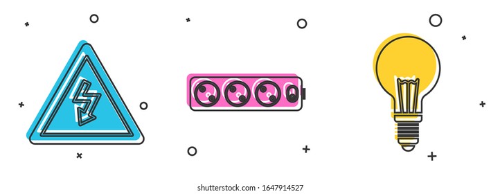 Set High voltage sign, Electric extension cord and Light bulb with concept of idea icon. Vector