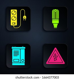Hochspannungszeichen, Stromkabel, Autobatterie und LED-Lampe. Schwarze Quadrat-Taste. Vektorillustration