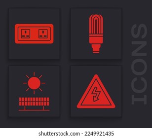 Set High voltage sign, Electrical outlet, LED light bulb and Solar energy panel and sun icon. Vector