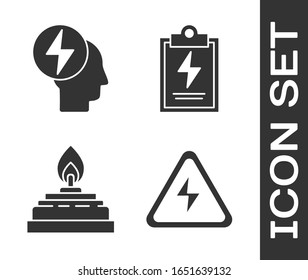 Set High voltage sign, Head and electric symbol, Alcohol or spirit burner and Laboratory clipboard with checklist icon. Vector