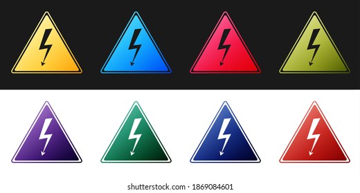 Set High voltage sign icon isolated on black and white background. Danger symbol. Arrow in triangle. Warning icon. Vector.