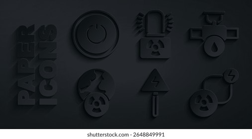 Set High voltage sign, Industry pipe and valve, Planet earth radiation, Radioactive exchange energy, warning lamp and Power button icon. Vector