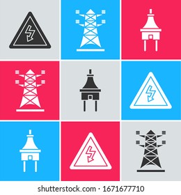 Set High voltage sign, High voltage power pole line and Electric plug icon. Vector