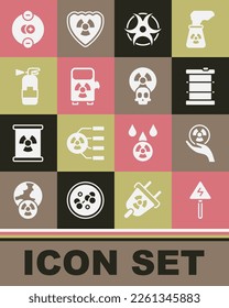 Set High voltage sign, Radioactive, waste in barrel, Biohazard symbol, Electric car charging station, Fire extinguisher, Atom and  icon. Vector