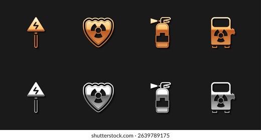Set High voltage sign, Radioactive in shield, Fire extinguisher and Electric car charging station icon. Vector