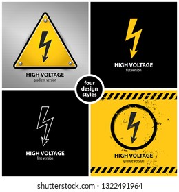 set of high voltage warning symbols containing four unique design elements in different variations: gradient, flat, line and grunge style, eps10 vector illustration