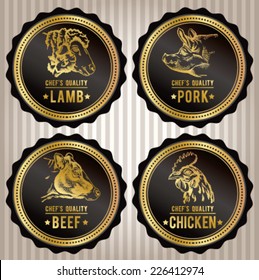 Set of high-end quality guaranteed food packaging labels in gold and black: beef, lamb, pork and chicken.