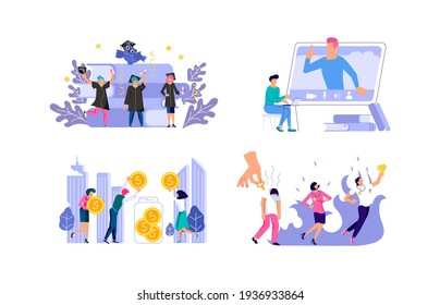 Set of higher education and studying concept.