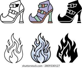 set of highheeled shoes and flame icons in various styles and colors