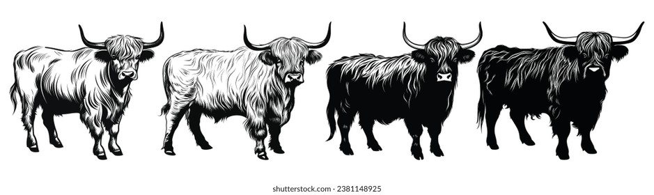 Set of Highland Cow Black Color Vector Illustration