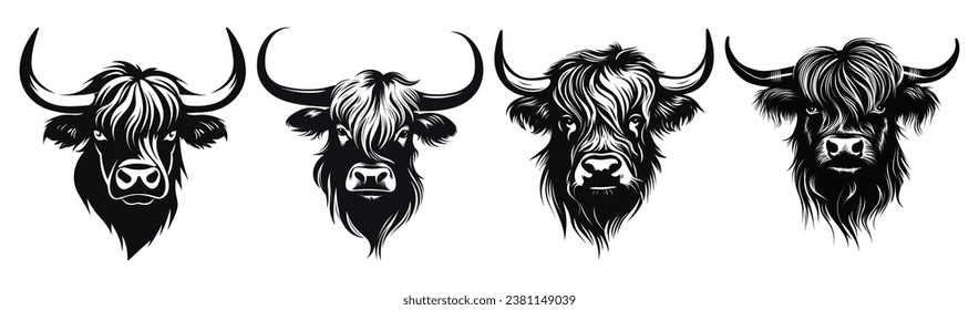 Set of Highland Cow Head Black Color Vector Illustration