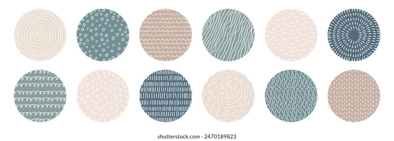 Set of highlight cover icons for social media in pastel colors. Circles with doodle hand drawn texture. Natural color. Modern abstract backgrounds collection