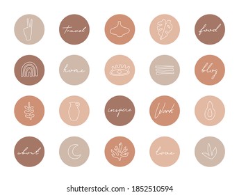Conjunto de portadas de resaltado, formas y líneas abstractas, plantilla moderna de iconos de medios sociales para negocios en colores pastel. Elementos de moda dibujados a mano para el bloguero e influenciador, de estilo boho aislado.