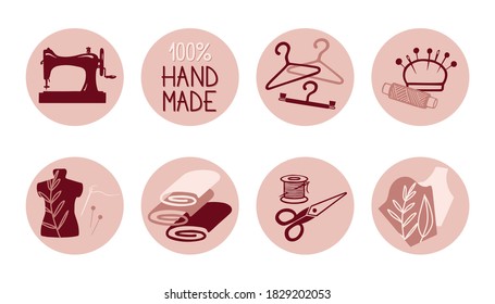Un conjunto de portadas destacadas para historias de medios sociales. Iconos redondos con elementos de coser en una paleta moderna de boho. Diseñado para páginas sociales, sastrería, costurera
