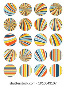 Set of highlight covers for social media stories. Straight , swirl lines, rays in retro colors. Round icons, stickers. Perfect for bloggers. Flat style.