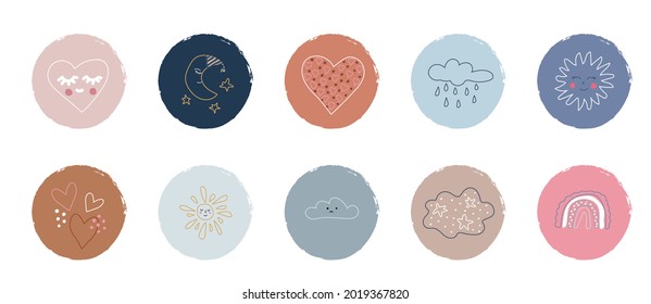 Set of highlight covers for social media stories. Multicolored circles with hand drawn cute elements: sun, cloud, heart, rain. Round icons. Perfect for bloggers, brands