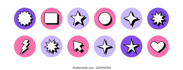 Set of highlight covers in y2k aesthetic. Vector stickers with stars, abstract shapes, heart and computer arrow. Retrowave concept. Icons set in 90s, 00s style