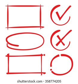 set of highlight elements, circle frames, rectangle frames, check mark
