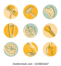 Set of highlight icons. Hand drawn social media infographic for spa, beauty bloggers or skin care. Isolated vector illustrations.