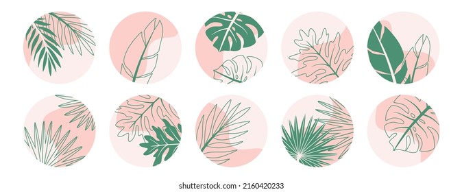 A set of highlight icons for social media stories. Tropical summer cover templates. Vector graphics.