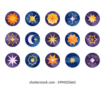 Set of highlight stories covers for social media and instagram. Design with stars and moon elements with hand drawn textures