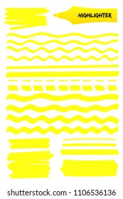 Set of highlighter brush hand drawn elements. Yellow scribbled box with wavy lines, solid stripes and sketchy dashed strokes hand drawings with highlight marker. Vector illustration text memo design.