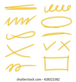 set of highlighter elements, check marks and underlines
