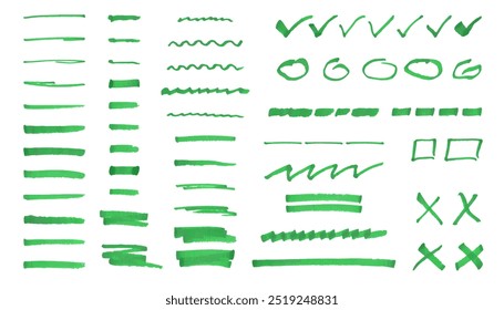 Set of highlighter elements, hand drawn stripe by green marker. Underline, colorful text mark. Brushes collection. Vector illustration isolated on white background