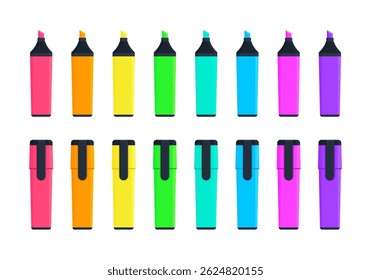 Set of highlighter marker pens with flat tips and caps in pink, orange, yellow, green, teal, blue, and purple. School, office supplies concept. Flat vector illustration isolated on white background
