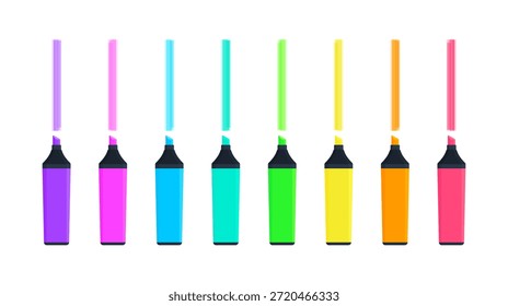 Set of highlighter marker pens with flat tips, caps and strokes in pink, orange, yellow, green, teal, blue, and purple. School, office supplies. Flat vector illustration isolated on white background