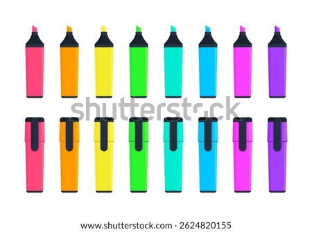 Set of highlighter marker pens with flat tips and caps in pink, orange, yellow, green, teal, blue, and purple. School, office supplies concept. Flat vector illustration isolated on white background