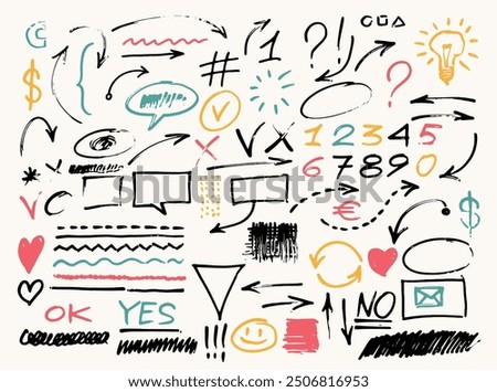 Set of highlighter marks strokes arrows and other vector. Arrows, strokes drawn with marker. Grunge paint abstract brush strokes vector texture. Hand drawn bold curvy, curly abstract lines, strokes.