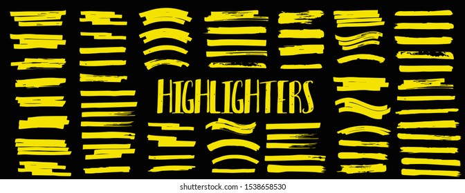 Set Highlighters. Vector brushes lines. Marker color stroke. Yellow watercolor hand drawn highlight set. Vector graphic stylish element. Brush pen hand drawn underline. Marker lines collection