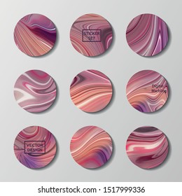 Set of highlights abstract  circles with fluid liquid marble textures. Vector pink lined stickers, icons, covers. Vector badge for shop in social media, story layout