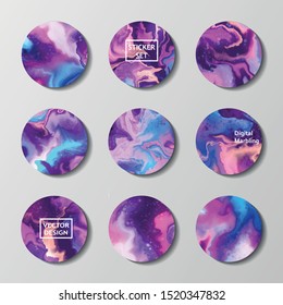 Set of highlights abstract circles with fluid marble texture . Vector  blue, pink,  violet, stickers, covers, icons. Vector badge for shop in social media, story layout