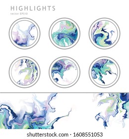 Set of highlights abstract circles with fluid marble texture . Vector  blue, pink,  violet, stickers, covers, icons . Vector badge for shop in social media, story layout