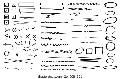 A set of highlights, arrows, underlines, and hand-drawn underlines. A set of selection boxes, check marks, and crosses. A set of ellipses, rectangles, squares, ovals, and marks.