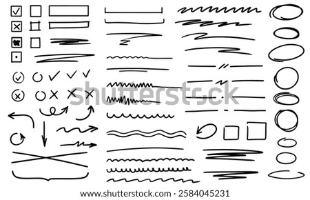A set of highlights, arrows, underlines, and hand-drawn underlines. A set of selection boxes, check marks, and crosses. A set of ellipses, rectangles, squares, ovals, and marks.
