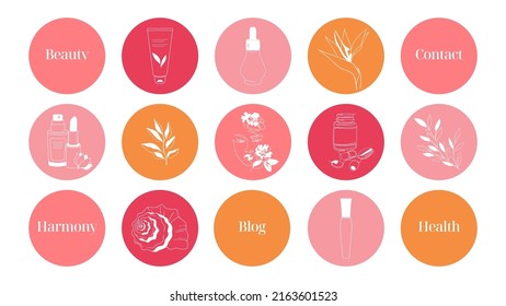 Un conjunto de destacados simples y brillantes iconos rosas y naranjas para un blog sobre cosmética, medicina y salud mental.