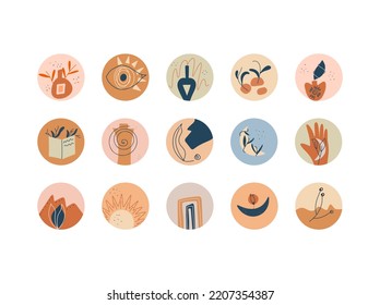 Set of highlights cover in boho style. Different abstract icons for social networks. Vector illustration in hand drawn style