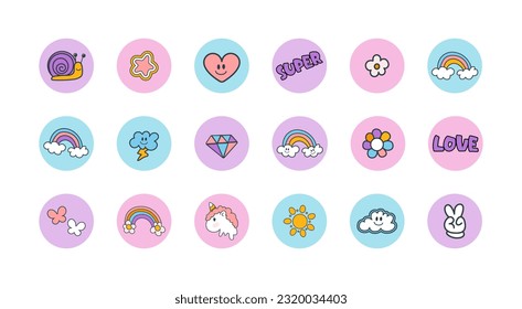 Set of highlights cover  in y2k style. Templates icons collection  for social media, design stickers, your business, scrapbooking, bullet journalling, story buttons. Vector