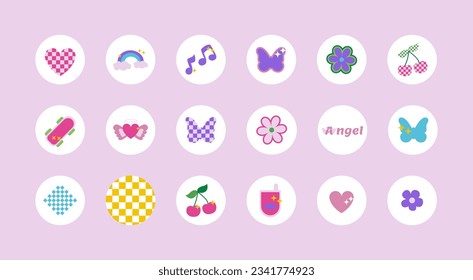 Set of highlights cover in y2k style. Templates icons collection for social media, design stickers, story buttons. Design elements, flowers, hearts, butterfly 2000s illustration. Vector