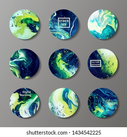 Set of highlights covers, abstract circles with fluid marble texture, story layout. Green malachite stickers, covers, icons  and header, eps 10.  Vector badge for shop in social media