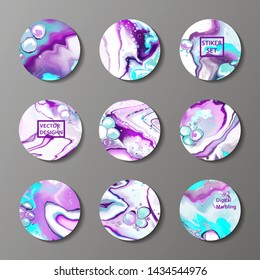 Set of highlights covers, abstract circles with fluid marble texture, story layout. Violet stickers, covers, icons  and header, eps 10.  Vector badge for shop in social media