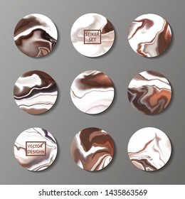 Set of highlights covers, abstract circles with fluid marble texture, story layout. Brown stickers, covers, icons  and header, eps 10.  Vector badge for shop in social media