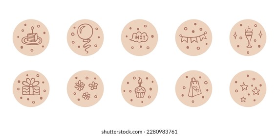 Set von Highlights deckt soziale Medien ab. Fröhliche Geburtstagsvektorelemente in Kreisen, einzeln auf weißem Hintergrund.