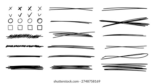 Set of highlights, crosses, lenes, marks. Handwriting design template underlines. Scribble doodle underlines. Marker or pen hand drawn writing 