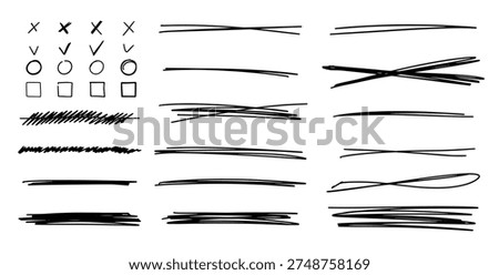 Set of highlights, crosses, lenes, marks. Handwriting design template underlines. Scribble doodle underlines. Marker or pen hand drawn writing 