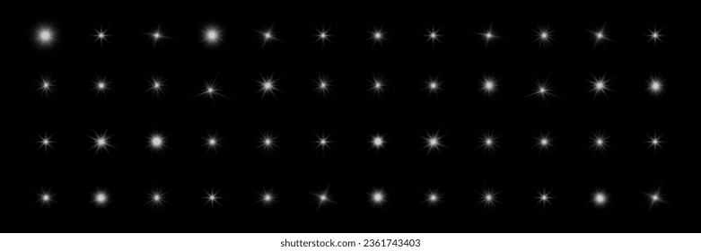 Set of highlights. Flashes of rays of light. The effect of glow, shine, shine. Collection of various glowing sparks, stars.